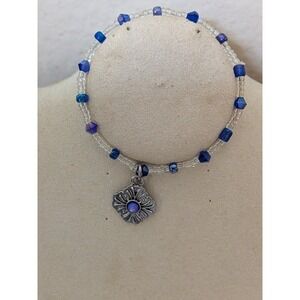 Set of 3 Beaded Bracelet & Earrings Blue Clear Faceted Beads Made With Love